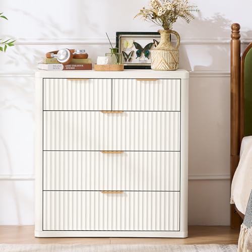 Image of LEYAOYAO Fluted 5 Drawers Dresser for Bedroom Set of 2, 34 inch Tall Modern Chest of Drawers with Metal Handle, Curved Profile Design,White Wood Drawer Organizer for Bedroom, Living Room, Hallway