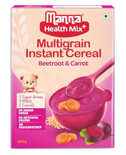 Image of Manna Health Mix Instant Multigrain Cereal, Beetroot & Carrot with Milk.Made with Real Vegetables and 8 super grains and millets. No Added Sugar, No Artificial Color, Flavors 200g (Pack of 3)