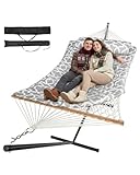 Everyfun 2 Person Outdoor Hammock with Stand, Cotton Rope Hammock with Polyester Pad, Adjustable Steel Frame, Portable with Carrying Bag – for Patio, Backyard, Garden, Beach, White-Gray