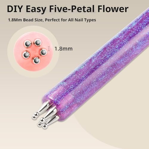 COCEQUC 5 Petal Flower Nail Dotting Pen,1.8mm Fine Tip One Stroke Flower Design Tool with Glitter Handle,for Beginners & Pros Painting, Sculpting, Rhinestones DIY and Salon