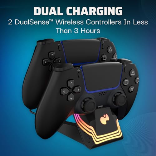 Image of PDP Afterglow Wave LED Dual Gaming Charger for 2 PlayStation 5 DualSense Controllers, Compatible with PS5 and PS4, Customizable RGB Lighting Effects - Black