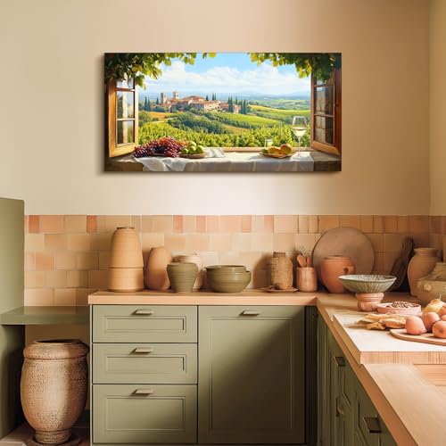 crmotu Vineyard Faux Window Wall Art, Italian Countryside Landscape Large Artwork, Grape Fields Prints Kitchen Wall Decor, Rustic Charm Pictures for Living Room Dining Room No-window Room 24x48 Inch