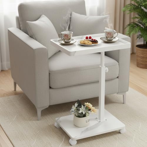 XUDREZ Mesa auxiliar ajustable, mesa pequeña en forma de C con 4 ruedas, bandeja giratoria de 364°, mesa auxiliar para sala de estar, dormitorio, sofá, espacios pequeños