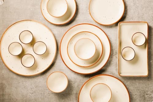 Image of MIAH Decor Handcrafted Stoneware Dinner Set-Pack of 14-[4 Dinner Plates; 4 Quarter /Side Plates / 4 Dinner Bowls / 2 Serving Bowls]|Cream with Brown Rim|Matte Finish|Ceramic|Microwave, Oven, Freez,MD-495