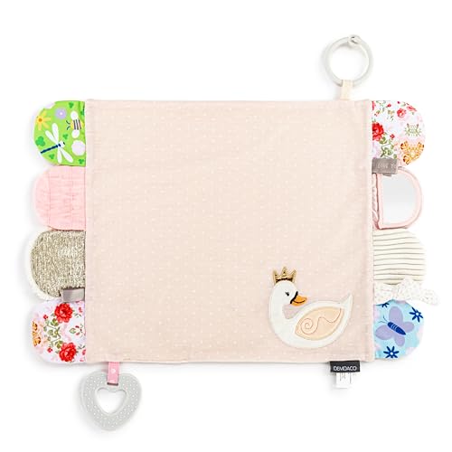Image of DEMDACO Mommy & Me Colorful 17 x 11.5 Inch Textured Fabric, Teething Ring, Tactile, Stroller Clip-on, Activity Blanket, Blankie, Pink, Swan
