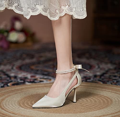 LizFoYa Women Satin Wedding High Heels Pointed Toe Bridal Pumps Heels Pearls Decorated Ribbon Sexy Heels4