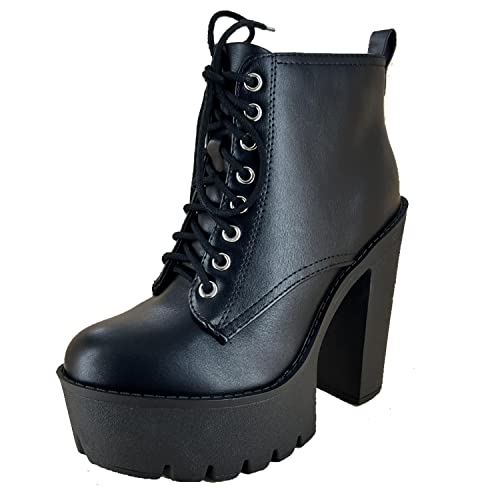 Soda Women's Setup Lug Sole Chunky High Heel Fashion Ankle Boot Lace Up W/Side Zipper Bootie
