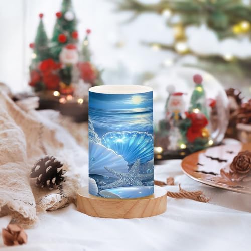 Image of Glowing Blue Sea Conch Shells Star Flickering Flameless Candles LED Battery Operated with Remote Timer Pillar Candles for Home Birthday Wedding Christmas Decor, Set of 2
