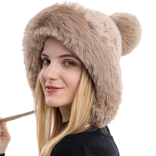 HUAMULAN Women Winter Peruvian Cover Ears Beanie Hat Ear Flaps Sherpa Ski Snow Hats Knit Fleece Lined 3 Pom Pom, Khaki Solid, One Size