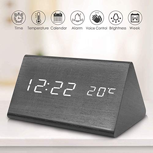 Wooden Digital Alarm Clock, 2020 Updated Voice Command Electric LED Bedside Travel Triangle