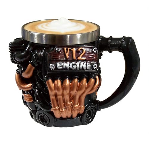 V12 - Taza de café con diseño de motor – 300 ml de acero inoxidable con aislamiento de doble pared, taza industrial realista, adorno de escritorio, vasos temáticos automotrices, regalo para