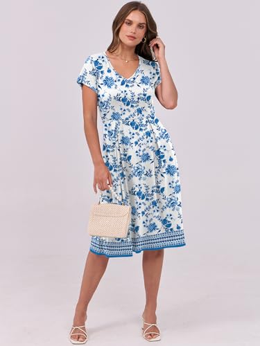 Image of ANRABESS Women Summer Dress Casual Short Sleeve V Neck A-Line Knee Length Pleated Flowy 2026 Fashion Midi Dresses with Pocket