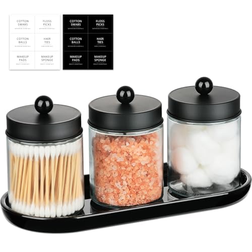SheeChung 3-Pack Glass Apothecary Jars with Acrylic Vanity Tray - Bathroom Organizer Set for Qtip, Cotton...