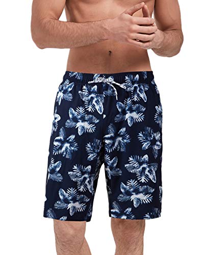 Malavita Mens Swim Trunks Mens Bathing Suits Quick Dry Swim Shorts with Mesh Lining(White Leaf Flower Large(Waist:31.5