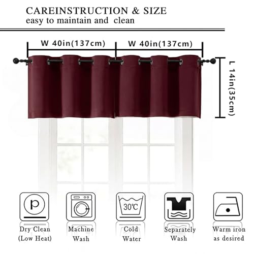 Image of Simplebrand Burgundy Window Valance for Kitchen 14 Inches Long 2 Panels Set, Room Darkening Valance Curtains for Living Room, Grommet Short Privacy Kitchen Curtains for Bedroom Kids Room, 40Wx14L