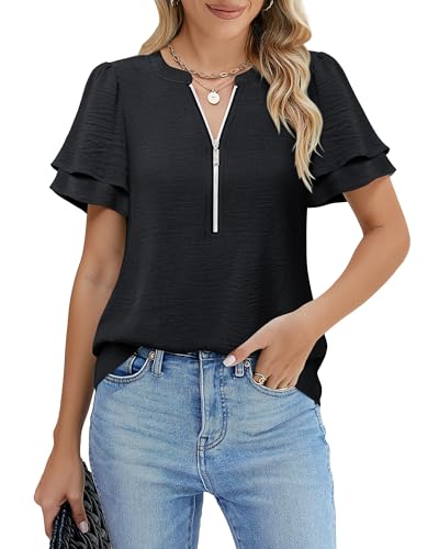 Gaharu Womens Dressy Casual Shirts Ruffle Short Sleeve Zipper V Neck Tops Work Business Office Blouse3