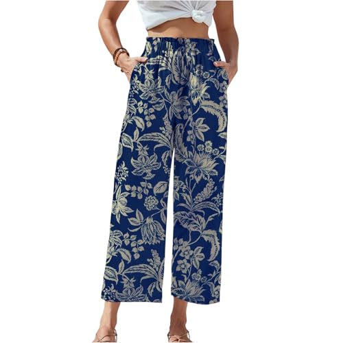 Wide Leg Cropped Pants for Women Business Casual Floral Elastic High Waisted Capri Palazzo Pants with Pockets Bottoms2
