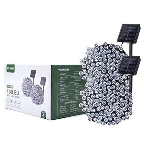 SOLMIRA Guirlande Lumineuse d'Extérieur Solaire, 2 Bandes de 100 LEDs Blanches, 8 Modes, Certificat CE et RoHS