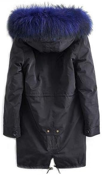 black coat with blue fur hood