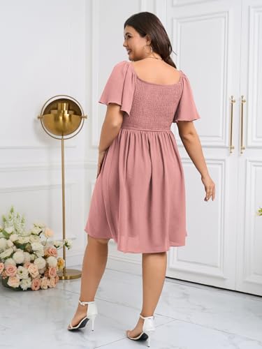 Image of SCOMCHIC Womens Plus Size Summer Dresses Casual Short Sleeve Smocked Square Neck Tie Waist Flowy A Line Mini Sun Dress