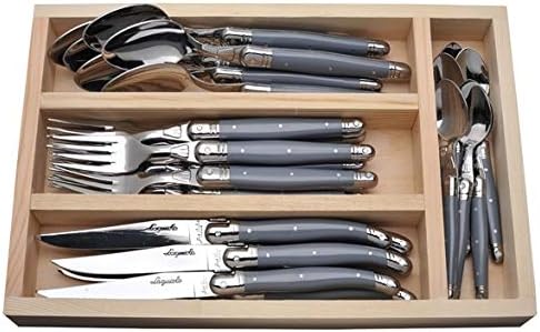 (D) Cubertería Laguiole, juego de cubiertos para uso diario en una bandeja de 24 piezas (asas grises)
