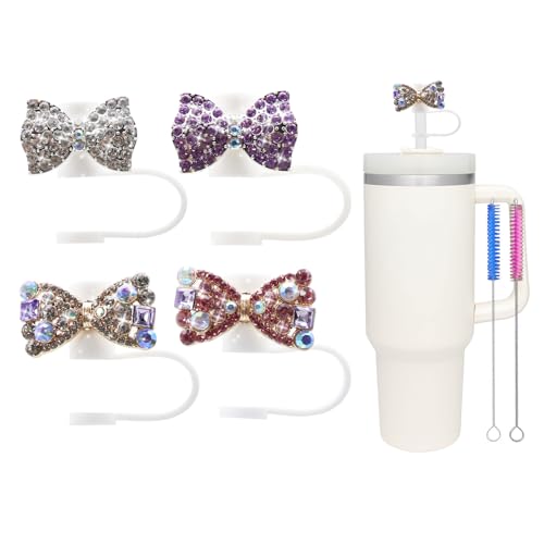 4Pcs 10mm Glitter Bow Straw Cover for Stanley Cup,Dust-Proof Straw Topper for 30&40 oz Tumblers and Water Bottles,Reusable Tumbler Cup Accessories for Stanley,Funny Gifts for Women & Girls