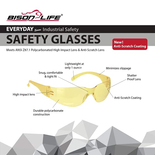 Image of BISON LIFE Yellow Safety Glasses for Men & Women, Bulk ANSI Z87.1, 144 Pack | Scratch & Impact Resistant Wraparound Safety Goggles, UV Protection Eyewear for Work, Construction, Lab, Industrial