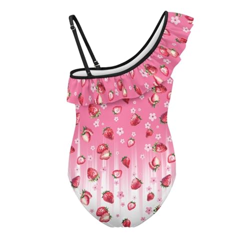 Binienty Girls One Shoulder Ruffle Bathing Suit Kids Strawberry Print One Piece Swimsuit Trendy Juniors Sleeveless Beachwear2