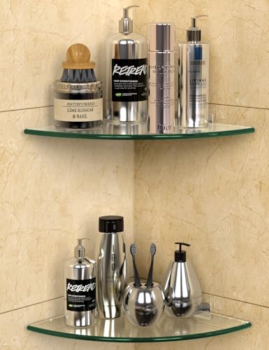 Bakzon Glass Corner Shower Shelf 2 Pack No-Drill Adhesive or Screw Mount 9.5 Tempered Glass Caddy Holds 22 lbs Rustproof Aluminum Brackets Renter-Friendly Inside Shower Organizer