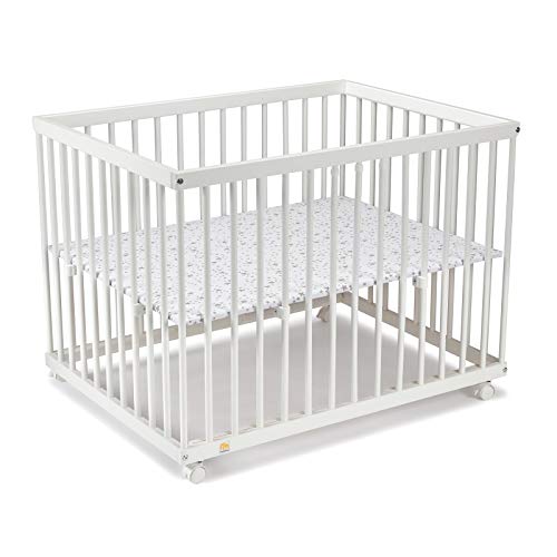 FabiMax Laufgitter 75x100 cm mit Matratze CLASSIC, stufenlos höhenverstellbar, Buche, weiß lackiert