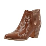 Cowboy Boots for Women Cowgirl Ankle Western Embroidered Stitched Pointed Toe Cutout Chunky Heels Short Booties Red Brown Black US5-11, yellow brown, 8