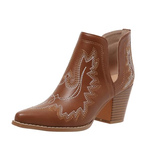 Cowboy Boots for Women Cowgirl Ankle Western Embroidered Stitched Pointed Toe Cutout Chunky Heels Short Booties Red Brown Black US5-11, yellow brown, 9