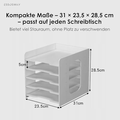 ESSOSWAY Schreibtisch Organizer - A4 Dokumentenablage - mit Ablagefächer und Stiftehalter - 5 Fächer - Büro Home Office Zubehör - Weiß