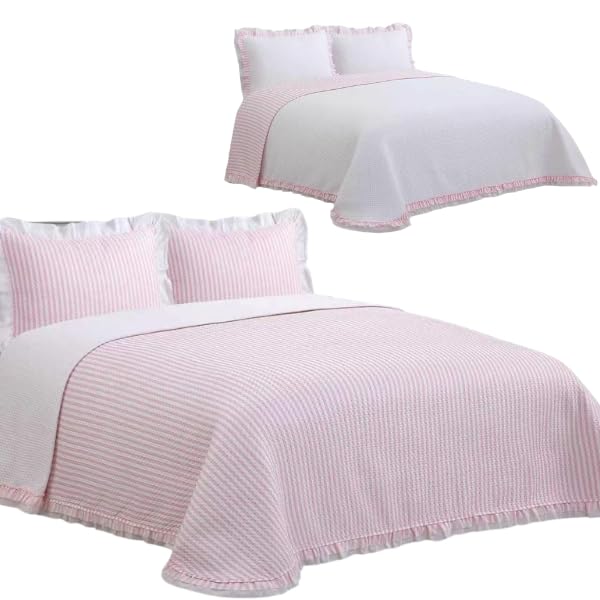 Dmateo Colcha Bouti con Doble Volante y Reversible Modelo Noa (90 a 2M), Todas Las Medidas. Cuenta con Fundas de cojín (Rosa, 105cm)