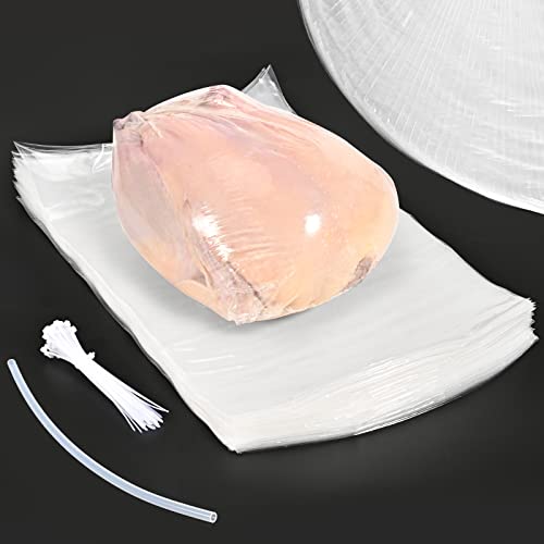 Olaismln 50 Pcs Poultry Shrink Bags 10x16 Inch Chicken Shrink Wrap Bags BPA/BPS Free Heat Shrink Bag for Food Storage and Keeping Fresh Include Silicone Straw and 50 Zip Ties