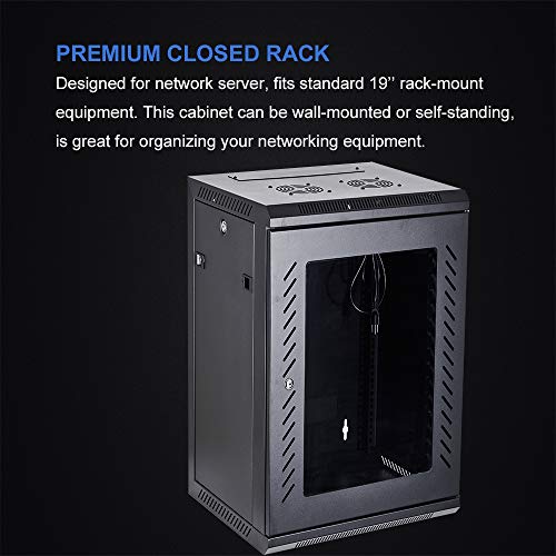 KENUCO Wall Mount Rack Server Cabinet Data Network Enclosure 19-Inch Server Network Rack with Locking Glass Door 16-Inches Deep (Black 18U) - Thumbnail 2