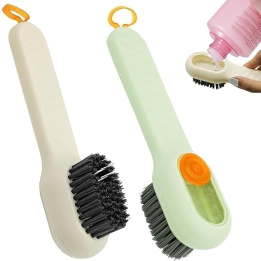 Dispensing Cleaning Brush with Handle, Refillable Soap Dispenser, Multipurpose Scrub Brush for Shoes, Clothes, Kitchen and Bathroom