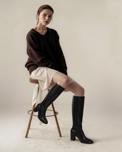 MUCCCUTE Boots for Women Knee High - Chunky Heel Round Toe Pull On Tall Boots Long Boot3