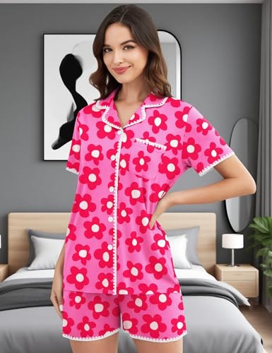 Image of SWOMOG Womens Button Down Pajamas Set Short Sleeve Sleepwear Bride Soft Pj Lounge Sets XS-3XL