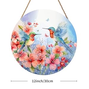 Spring Summer Hummingbird Birds Front Door Sign Farmhouse Spring Flowers Door Hanger 12×12 Seasonal Summer Wooden Wreath for Outdoor Outside Porch Welcome Wall Hanging Decoration for Home