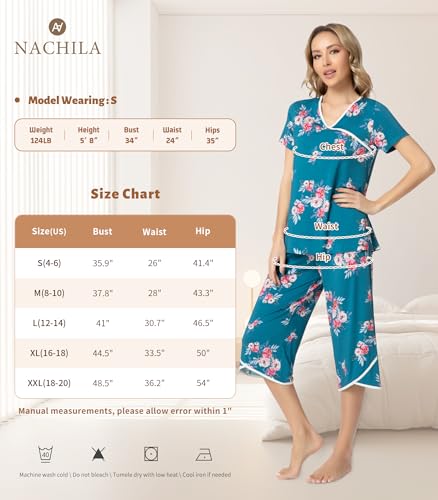 Image of NACHILA Bamboo Viscose Pajamas for Women Lace V Neck Capri Pants Pjs Set
