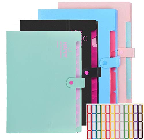 KAHEIGN 4 Pezzi A4 Espansione delle Cartelle di File, 12 Tasche Cartella di File con Chiusura A Scatto Dimensione Lettera Letter Documento Fisarmonica Organizzatore di Carta (con Etichette da 64 Pz)
