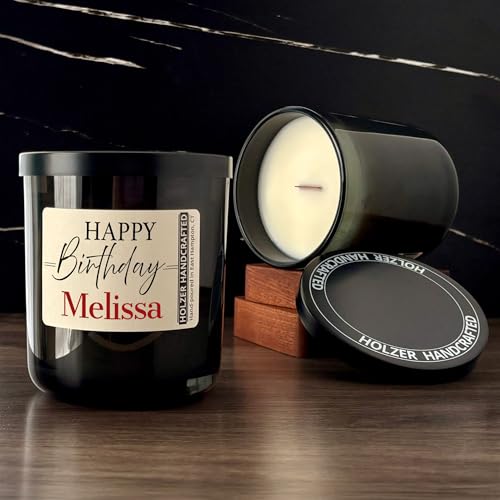 Customizable Happy Birthday Candle | Handcrafted Wood Wick Scented/Unscented Coconut Soy Candles | Eco-Friendly Gift in Smoky Black Glass | 12oz Hand-Poured in CT