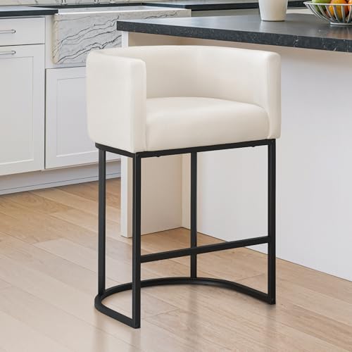 Image of LUE BONA Counter Height Bar Stools, Modern Barrel Counter Stools with Backrest and Arms, Black Metal Frames, Linen Fabric Upholstered Accent Barstools for Kitchen Island, Beige