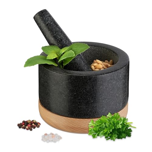Relaxdays Mortero con Mano, Base de Madera, Granito, 8,5 x 14 cm, Molcajete de Piedra, Especias y Hierbas, Natural/Negro