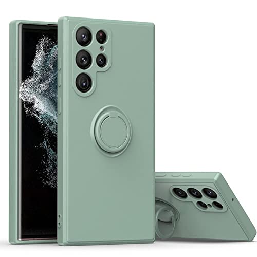 Coque Samsung S22 Ultra silicone liquide vert à anneau pour filmer et visionner en mains libres