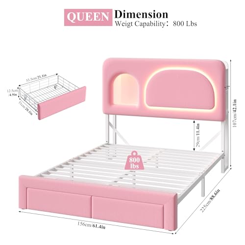 Image of Keyluv Queen Size Smart LED Bed Frame with Storage Bookcase Headboard & Charging Station Velvet Upholstered Platform Bed with 2 Drawers & USB Ports, Sturdy Metal Support, No Box Spring Required, Pink