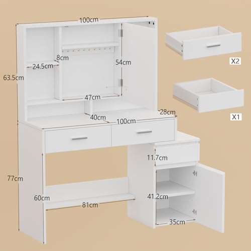 Airfish Tocador Grande, 140x40x100 CM Gran Tocador de Maquillaje con Luces LED, Brillo Ajustable, Mesa de Maquillaje con Espejo y Compartimentos Abiertos, 2 Cajones y 1 Armario, Blanco - imagen 2
