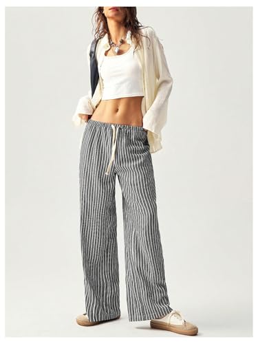 MakeMeChic Women's Striped Elastic Waist Drawstring Wide Leg Baggy Palazzo Pants Loose Y2K Trousers Loungewear4
