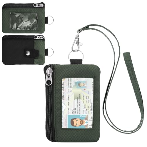 Image of Minimalist RFID Wallet with Lanyard, Multi-Functional ID Case with 2 Zipper Pockets and Key Chain for Men and Women, Tactical Badge Pouch Cards Holder, Coin Purse for Travel Sports - Black&Army